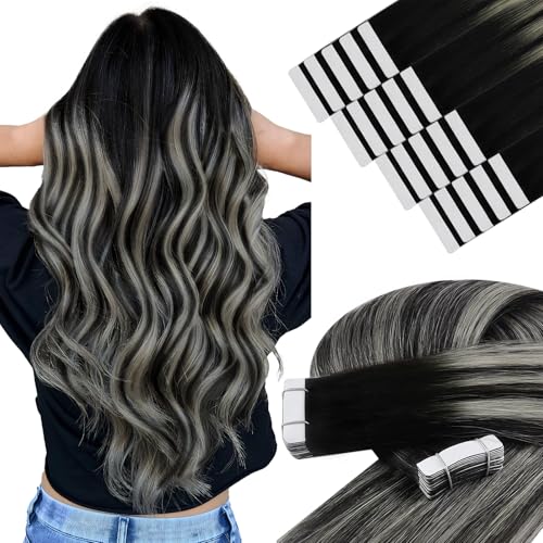 YoungSee Echthaar Extensions Tape Ombre 40 cm Invisible Tape Extensions Echthaar Schwarz Ombre Silber Echthaar-Haarextensions Tapes Tapes-in Haarextensions Remy fur Damen 50g #1B/S/1B YoungSee Echthaar Extensions Tape Ombre 40 cm Invisible Tape Extensions Echthaar Schwarz Ombre Silber Echthaar-Haarextensions Tapes Tapes-in Haarextensions Remy fur Damen 50g #1B/S/1B von YoungSee