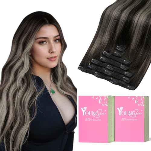 YoungSee Extensions Echthaar Clip Ombre 45cm Clip in Extensions Echthaar Schwarz Balayage Silber Clip in Extensions Invisible Echthaar Extensions Clip Haarextension Clips fur Damen 120g #1B/S/1B von YoungSee