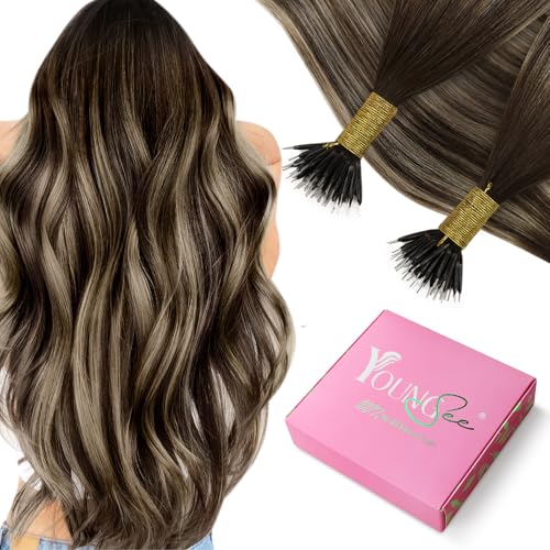 YoungSee Extensions Echthaar Nanoring Ombre 55cm Nanoring Extensions Echthaar Dunkelbraun Ombre Blond Nano Extensions Echthaar 1g/s fur Damen 50g #4/18/4 von YoungSee