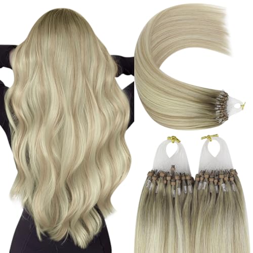 YoungSee Microring Extensions Echthaar Ombre 40cm Microring Hair Extensions 1g/s Micro Loop Extensions Echthaar Aschblond mit Platinblond Micro Beads Hair Extensions fur Frauen 50g #18/60A/60 von YoungSee