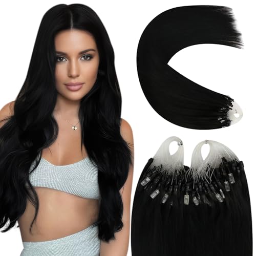 YoungSee Microring Extensions Echthaar Schwarz Micro Loop Extensions Echthaar 40 CM 1g Remy Glatt Haarverlängerung Microring Extension mit Silikon 50g Micro Bondings Extensions Damen Echthaar #1 von YoungSee