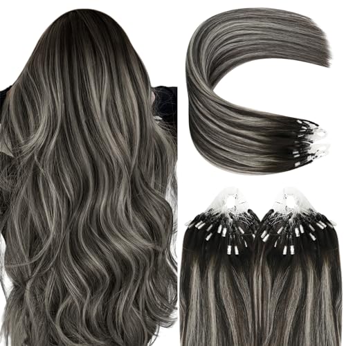 YoungSee Microring Extensions Echthaar Silber 55 cm Microring Loop Extensions aus Echthaar Ombre Microring Hair Extensions Remy Micro Haarextension 50g Microloops extension fur Damen 50g #1B/S/1B von YoungSee