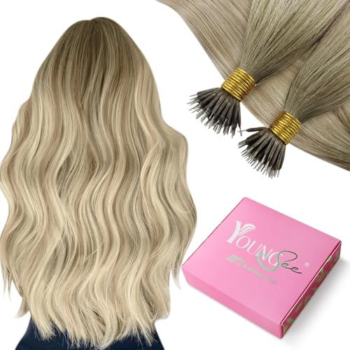 YoungSee Nanoring Extensions Echthaar Ombre Nano Extensions Echthaar 40cm Nanoring Haarextension Aschblond Ombre Blond Nano Haarverlangerung Invisible Haare fur Damen #SUN von YoungSee