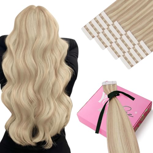 YoungSee Tape Extensions Echthaar Blond 50 cm Echthaar Extensions Tape Aschblond mit Platinblond Invisible Tape in Extensions 50 Gramm Tape Echthaar Extensions Remy fur Damen #18/613 von YoungSee