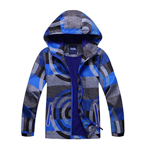 YOUNGSOUL Jungen Gefütterte Regenjacke Gemusterte Wasserdicht Winddicht Windjacke Regenmantel mit Kapuze Dunkelblau DE: 128-134 (Herstellergröße 130) von YOUNGSOUL