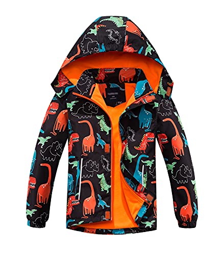 YOUNGSOUL Jungen Gefütterte Regenjacke Dinosaurier Kinder Übergangsjacke Wasserdicht Winddicht Softshelljacke Schwarz Orange DE: 104-110 (Herstellergröße 110) von YOUNGSOUL