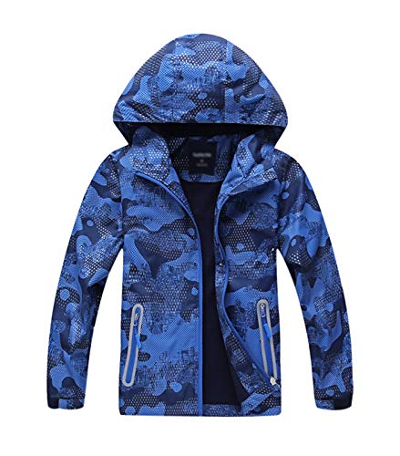 YoungSoul Jungen Gefütterte Regenjacke Gemusterte Übergangsjacke Wasserdicht Winddicht atmungsaktiv Softshelljacke mit Kapuze,120,Blau von YOUNGSOUL