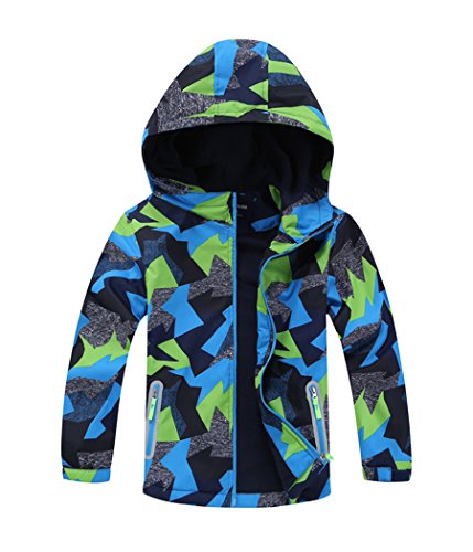 YOUNGSOUL Jungen Gefütterte Regenjacke Gemusterte Wasserdicht Winddicht Windjacke Regenmantel mit Kapuze Dunkelgrün DE: 146-152 (Herstellergröße 150) von YOUNGSOUL