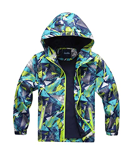 YOUNGSOUL Jungen Gefütterte Regenjacke Gemusterte Wasserdicht Winddicht Windjacke Regenmantel mit Kapuze Grün DE: 104-110 (Herstellergröße 110) von YOUNGSOUL