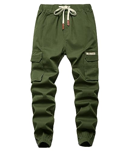 YOUNGSOUL Jungen Cargohose Kinder Stretch Cargo Hose Jogginghose Freizeithose mit Gummizug Armeegrün DE: 128-134 (Herstellergröße 130) von YOUNGSOUL