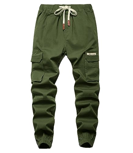 YOUNGSOUL Jungen Cargohose Slim Fit Stretch Jogger Hose Kinder Cargo Jogginghose mit Gummizug Armeegrün DE: 134-140 (Herstellergröße 140) von YOUNGSOUL