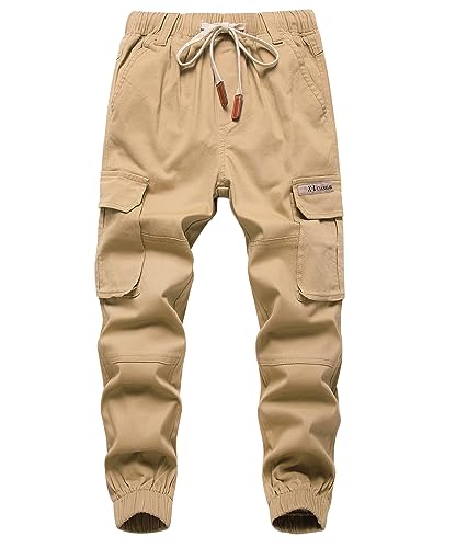 YOUNGSOUL Jungen Jogger Hose Slim Fit Stretch Kinder Cargo Jogginghose mit Gummizug Khaki 152-158/Größe 150 von YOUNGSOUL