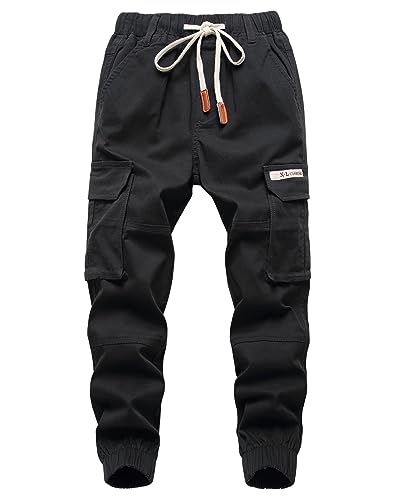 YOUNGSOUL Jungen Jogger Hose Slim Fit Stretch Kinder Cargo Jogginghose mit Gummizug Schwarz 140-146/Größe 140 von YOUNGSOUL