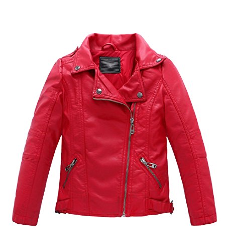 YOUNGSOUL Jungen Mädchen Lederjacke Kinder Kragen Motorrad Bikerjacke aus Kunstleder Frühjahr Herbst Rot 152(11-12 Jahre) / Größe 150 von YOUNGSOUL