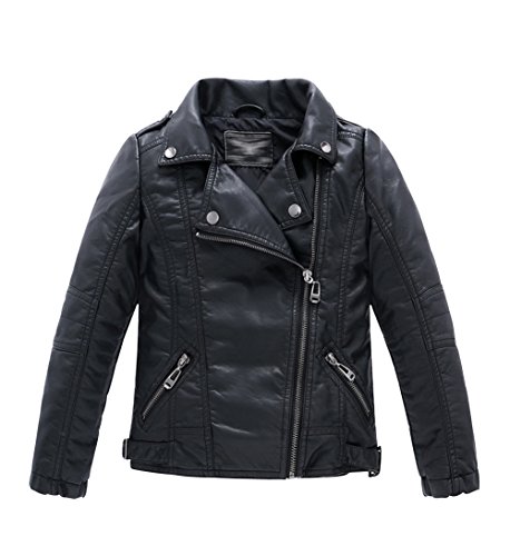 YOUNGSOUL Jungen Mädchen Lederjacke Kinder Kragen Motorrad Bikerjacke aus Kunstleder Frühjahr Herbst Schwarz 158(13-14 Jahre) / Größe 160 von YOUNGSOUL