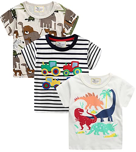 YOUNGSOUL Jungen T-Shirt Dinosaurier Kinder Kurzarm Shirt Sommer Casual Tops 3er-Pack Gemustert, 110-116/Größe 6T von YOUNGSOUL