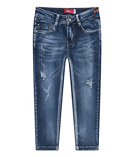 YOUNGSOUL Jungen Zerrissene Jeans Stretch Denim Hose Kinder Skinny Jeanshosen mit Verstellbarem Bund Dunkelblau Ripped 134-140/Größe 10Y von YOUNGSOUL