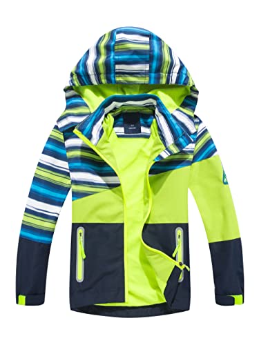 YOUNGSOUL Kinder Gefütterte Regenjacke Mädchen Windjacke Jungen Übergangsjacke Outdoorjacke Softshelljacke mit Farbblock und Gestreift Grün DE: 104-110 (Herstellergröße 110) von YOUNGSOUL