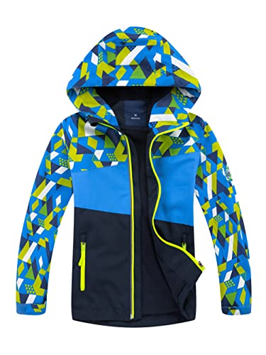 YOUNGSOUL Kinder Gefütterte Regenjacke Mädchen Windjacke Jungen Übergangsjacke Outdoorjacke mit Farbblock und Geometrischem Dunkelblau DE: 128-134 (Herstellergröße 130) von YOUNGSOUL