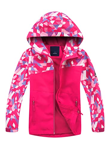 YOUNGSOUL Kinder Gefütterte Regenjacke Mädchen Windjacke Jungen Übergangsjacke Outdoorjacke mit Farbblock und Geometrischem Rot DE: 128-134 (Herstellergröße 130) von YOUNGSOUL