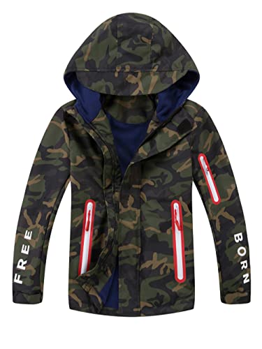 YOUNGSOUL Kinder Gefütterte Regenjacke Outdoorjacke Wasserdicht Übergangsjacke Jungen Softshelljacke Camouflage Jacke mit Kapuze Armeegrün DE: 104-110 (Herstellergröße 110) von YOUNGSOUL