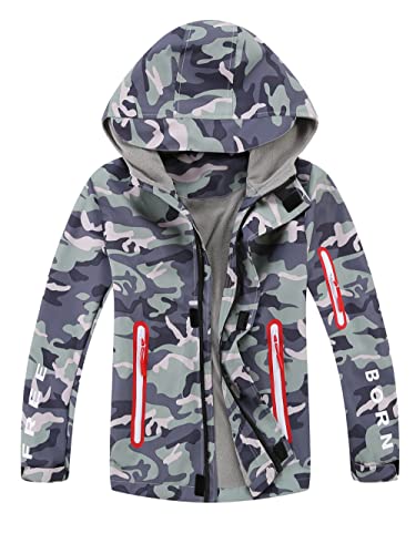 YOUNGSOUL Kinder Gefütterte Regenjacke Outdoorjacke Wasserdicht Übergangsjacke Jungen Softshelljacke Camouflage Jacke mit Kapuze Grau Grün DE: 104-110 (Herstellergröße 110) von YOUNGSOUL