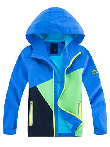 YOUNGSOUL Kinder Regenjacke mit Farbblock Mädchen Jungen Übergangsjacke Outdoorjacke Win und Wasserdicht Windjacke mit Kapuze Blau DE: 128-134 (Herstellergröße 130) von YOUNGSOUL