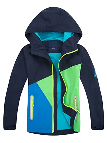 YoungSoul Kinder Regenjacke mit Farbblock Mädchen Jungen Übergangsjacke Outdoorjacke Win und Wasserdicht Windjacke mit Kapuze Marine, 130 (L) von YOUNGSOUL