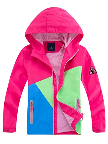 YOUNGSOUL Kinder Regenjacke mit Farbblock Mädchen Jungen Übergangsjacke Outdoorjacke Win und Wasserdicht Windjacke mit Kapuze Rose DE: 128-134 (Herstellergröße 130) von YOUNGSOUL