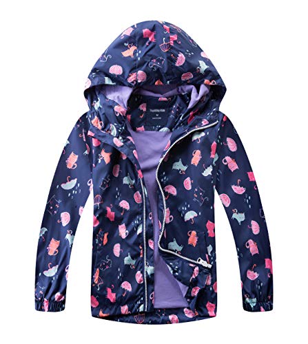 YOUNGSOUL Mädchen Regenjacke Gemustert Übergangsjacke Kinder Jacke Wind und Wasserdicht Frühling Sommer Outdoorjacke mit Kapuze Marine DE: 128 (Herstellergröße 130) von YOUNGSOUL