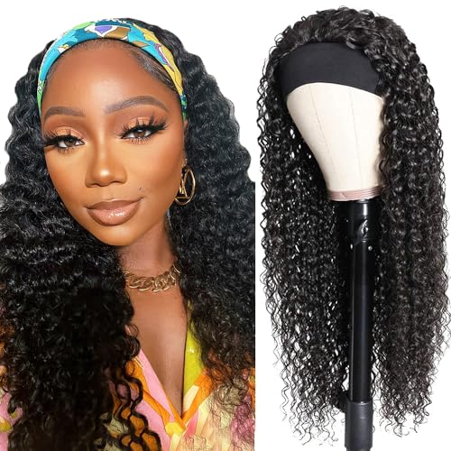 Youngirl Perücke mit tiefwelligem Stirnband, menschliches Haar, 50,8 cm, lockig, für schwarze Frauen, menschliches Haar, ohne Klebstoff, keine Spitzenperücke von Youngirl