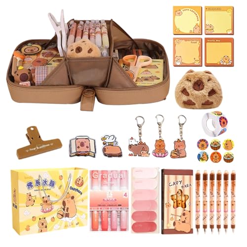 Youngwier Süßes Capybara Schulbedarf Set,Federmäppchen Tasche Für Schule | Schreibwaren Tasche Groß Mit Stickern Und Clips Stifte Etui Für Jugendliche von Youngwier
