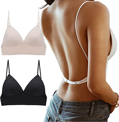 Youning 2er-Pack BH für Tiefen Rückenausschnitt Damen Push Up Rückenfreier Spitzen BH für Sommer Kleider Ohne Bügel Tief V-Ausschnitt Bustier Rücken-BH Sexy U-förmiger Lifting-BH Komfort Bralette von Youning