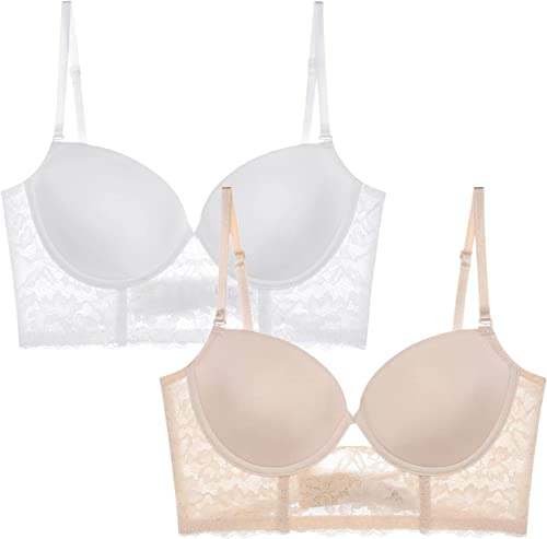 2er-Pack BH für Tiefen Rückenausschnitt Damen Push Up Rückenfreier Spitzen BH für Sommer Kleider Ohne Bügel Tief V-Ausschnitt Bustier Rücken-BH Sexy U-förmiger Lifting-BH Komfort Bralette von Youning