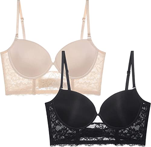 2er-Pack BH für Tiefen Rückenausschnitt Damen Push Up Rückenfreier Spitzen BH für Sommer Kleider Ohne Bügel Tief V-Ausschnitt Bustier Rücken-BH Sexy U-förmiger Lifting-BH Komfort Bralette von Youning