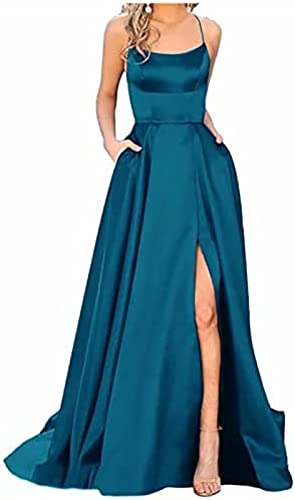 Cocktailkleid Damen Ballkleider Damen Off Shoulder Lang Kleider mit Schlitz Elegant A-Linie Criss-Cross Satin Spaghetti Strap Party Prom Abendkleider Partykleid Hochzeit Brautkleid Festkleider von Youning