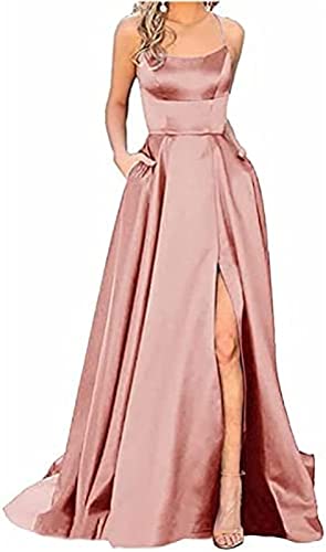 Cocktailkleid Damen Ballkleider Damen Off Shoulder Lang Kleider mit Schlitz Elegant A-Linie Criss-Cross Satin Spaghetti Strap Party Prom Abendkleider Partykleid Hochzeit Brautkleid Festkleider von Youning