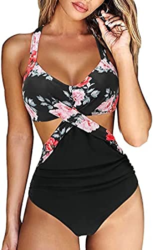 Damen Badeanzug Wickel Push Up Bademode Cut Out Einteilige Badeanzug Damen Sexy V Ausschnitt Badeanzüge Schwimmanzug Raffung Zierausschnitten Bauchweg Strandmode Swimsuit Elegant Einteiliger Bikini von Youning