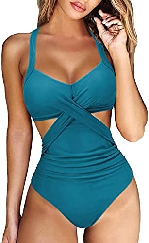 Damen Badeanzug Wickel Push Up Bademode Cut Out Einteilige Badeanzug Damen Sexy V Ausschnitt Badeanzüge Schwimmanzug Raffung Zierausschnitten Bauchweg Strandmode Swimsuit Elegant Einteiliger Bikini von Youning