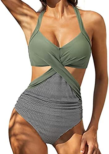 Damen Badeanzug Wickel Push Up Bademode Cut Out Einteilige Badeanzug Damen Sexy V Ausschnitt Badeanzüge Schwimmanzug Raffung Zierausschnitten Bauchweg Strandmode Swimsuit Elegant Einteiliger Bikini von Youning