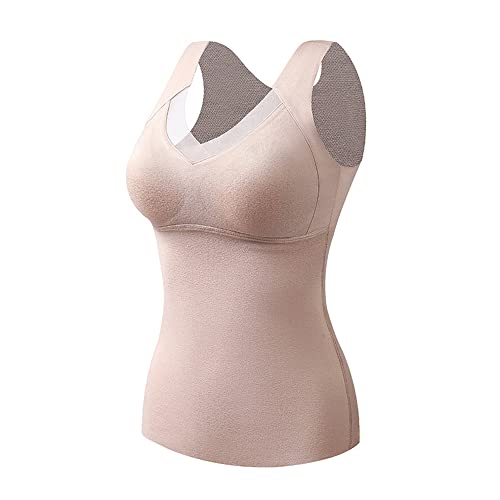 Damen Unterhemd Spitze BH Hemd Winter Warm Thermo Fleece Unterhemden mit BH Damen Ohne Bügel Bustier Thermounterhemd mit Cups V-Ausschnitt Ärmellos Gefütterte Shapewear Tank Top Eingebauter BH von Youning