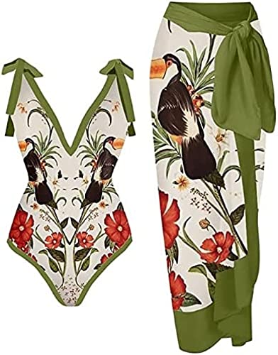 Youning Badeanzug Damen Bauchweg Damen Bedruckt High Waist Badeanzug Lange Rock Set Mode Boho Einteiler Badeanzüge Swimsuit mit Strandrock Strandurlaub Schwimmanzug Bademode Outfits von Youning