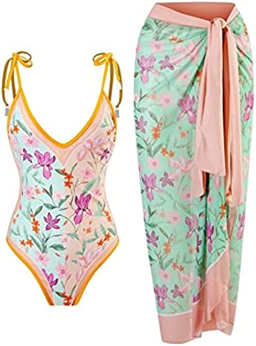 Youning Badeanzug Damen Bauchweg Damen Bedruckt High Waist Badeanzug Lange Rock Set Mode Boho Einteiler Badeanzüge Swimsuit mit Strandrock Strandurlaub Schwimmanzug Bademode Outfits von Youning