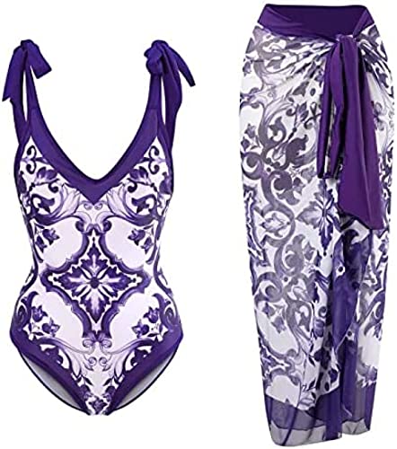 Youning Badeanzug Damen Bauchweg Damen Bedruckt High Waist Badeanzug Lange Rock Set Mode Boho Einteiler Badeanzüge Swimsuit mit Strandrock Strandurlaub Schwimmanzug Bademode Outfits von Youning