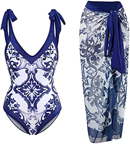 Youning Badeanzug Damen Bauchweg Damen Bedruckt High Waist Badeanzug Lange Rock Set Mode Boho Einteiler Badeanzüge Swimsuit mit Strandrock Strandurlaub Schwimmanzug Bademode Outfits von Youning