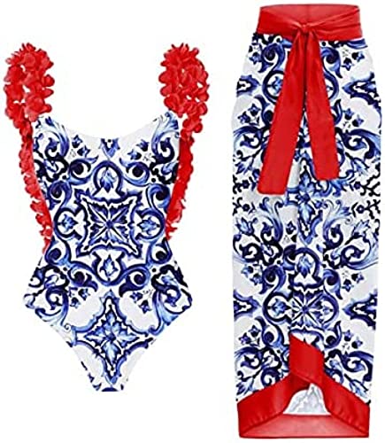 Youning Badeanzug Damen Bauchweg Damen Bedruckt High Waist Badeanzug Lange Rock Set Mode Boho Einteiler Badeanzüge Swimsuit mit Strandrock Strandurlaub Schwimmanzug Bademode Outfits von Youning