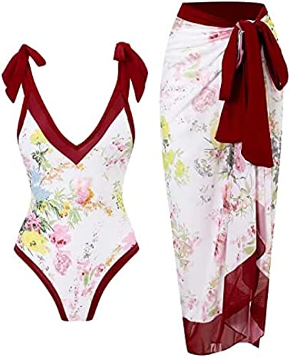 Youning Badeanzug Damen Bauchweg Damen Bedruckt High Waist Badeanzug Lange Rock Set Mode Boho Einteiler Badeanzüge Swimsuit mit Strandrock Strandurlaub Schwimmanzug Bademode Outfits von Youning