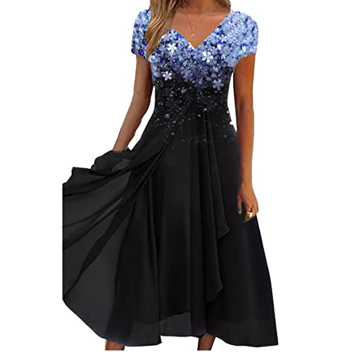 Youning Damen Abendkleider Elegant Cocktailkleid Brautjungfernkleider Blumendruck Festliche Kleider für Damen V-Ausschnitt Kurzarm Partykleid Chiffon Hochzeitskleid Brautjungfer Kleid von Youning
