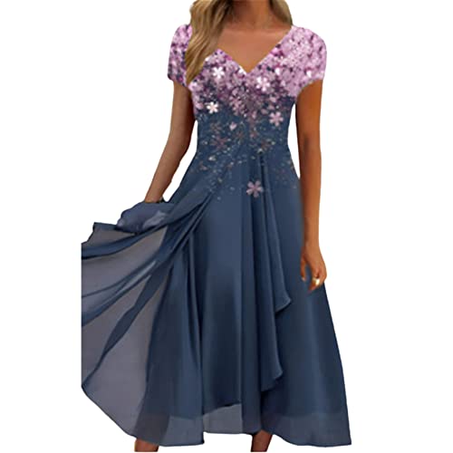 Youning Damen Abendkleider Elegant Cocktailkleid Brautjungfernkleider Blumendruck Festliche Kleider für Damen V-Ausschnitt Kurzarm Partykleid Chiffon Hochzeitskleid Brautjungfer Kleid von Youning