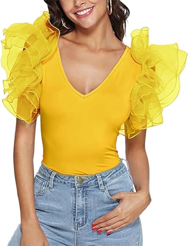 Youning Damen Elegant Body Sexy Bodysuit Puffärmel V Ausschnitt Sommer Bodys Oberteil T Shirt Tops für Frauen Weicher Bodies Freizeit Top Einteiler Overalls Party Clubwear von Youning